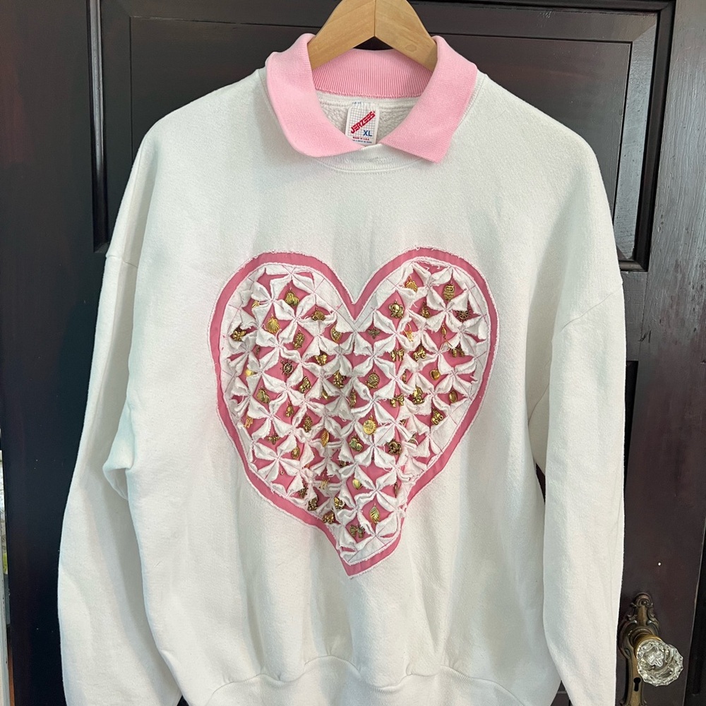 Jerzees White and Pink Heart Appliqué Sweatshirt